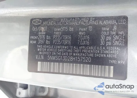 2008 Hyundai Santa Fe Gls z USA, uszkodzony, nr VIN 5NMSG13D28H157520